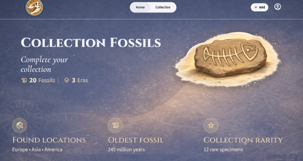Page d'accueil de l'application Collection Fossils