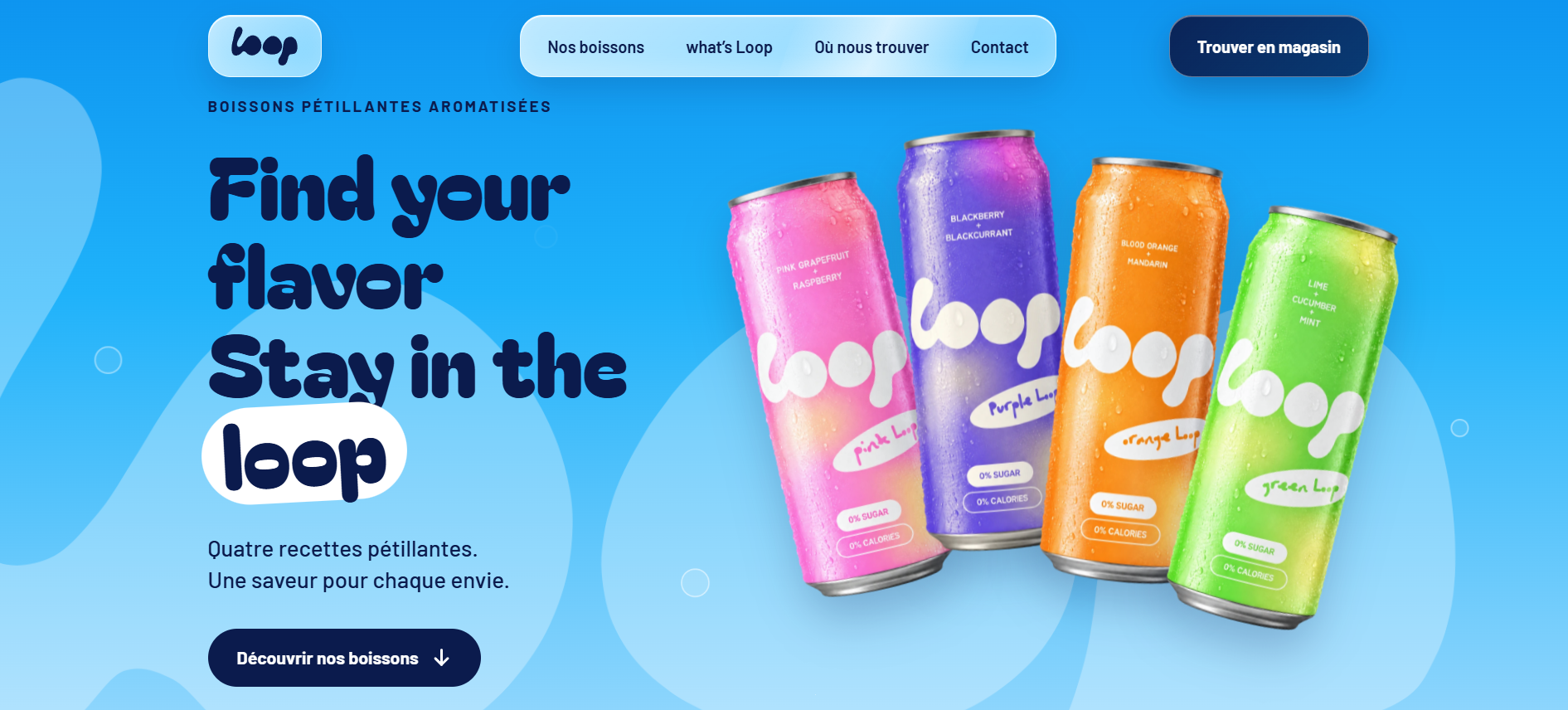 Page d'accueil du site Loop avec quatre canettes colorées