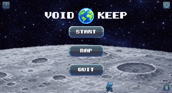 Écran titre de Void Keep : la Terre en pixel art au-dessus d'un sol lunaire, menu Start, Map, Quit