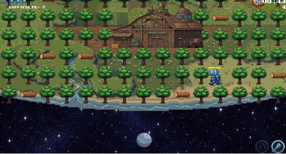 Carte forêt de Void Keep : l'astronaute devant une grange entourée d'arbres en pixel art
