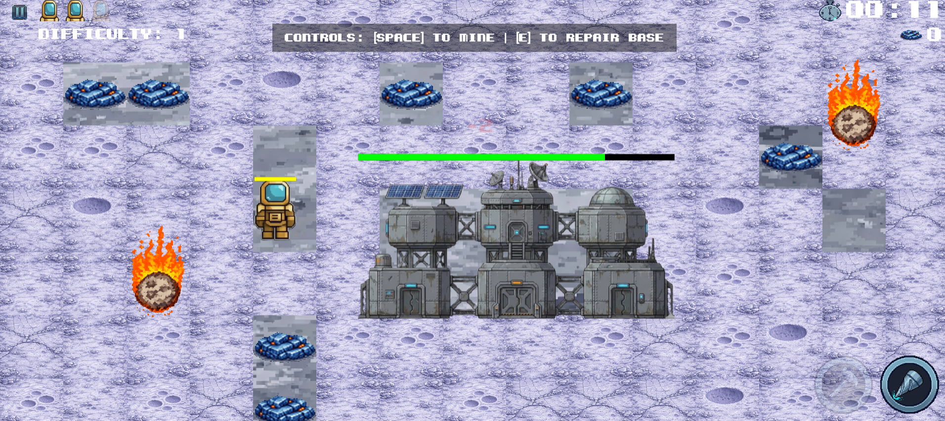 Partie de Void Keep : un astronaute mine des cristaux bleus autour de sa base lunaire pendant que des météorites enflammées tombent