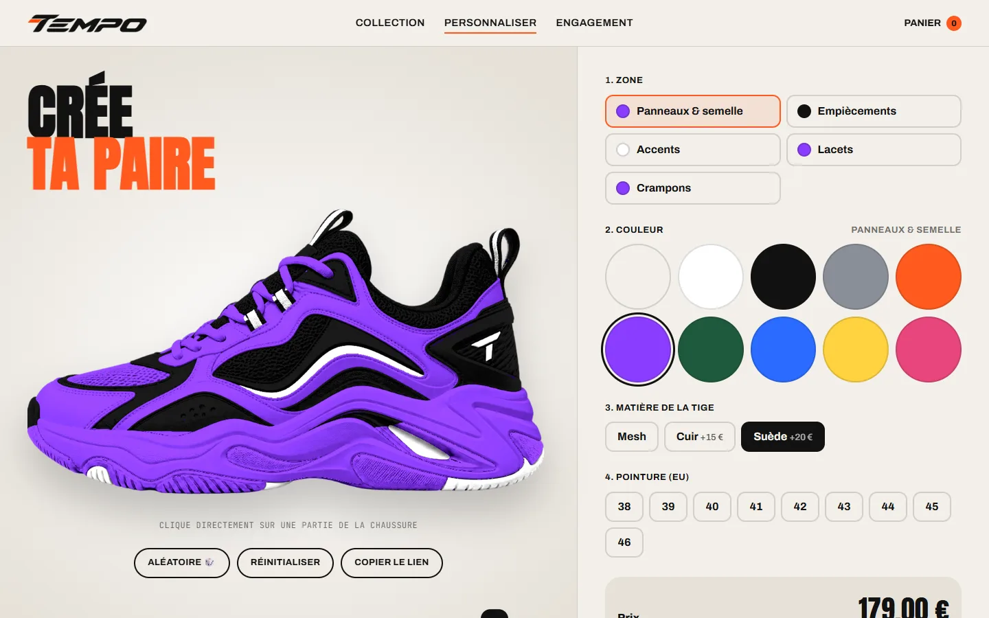Configurateur Tempo : la Tempo One recolorée en violet et noir, avec le choix des zones, des couleurs, de la matière et de la pointure
