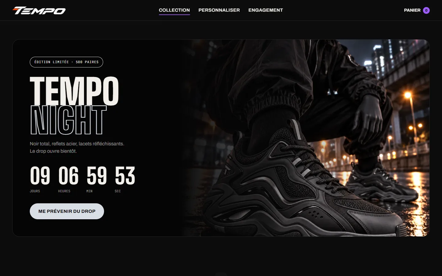 Section drop de la Tempo Night avec compte à rebours